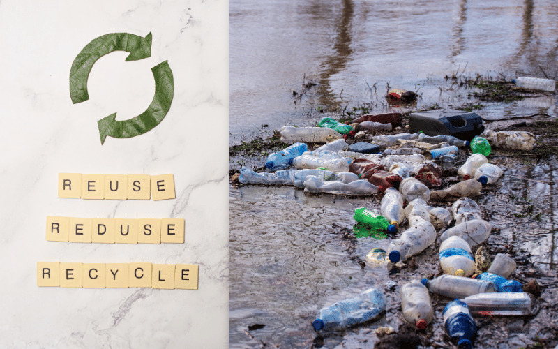 Müll in einem Fluß, daneben der Text: Reuse, Reduce, Recycle
